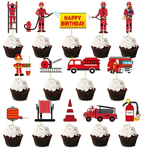 Bymivofun 28-delars brandkår cupcake-topper, brandman tårtdekoration, brandbil tårtdekoration, för barn, pojkar, barnkalas, festdekoration
