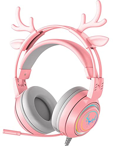 ATRASee Stereo Gaming Headset for PC PS5 PS4 Xbox One Controller, Wired Deer Headphones with Microphone Noise Cancelling, Soft Earmuff RGB, Compatible with Playstation Nintendo Switch Mac Laptop, Pink