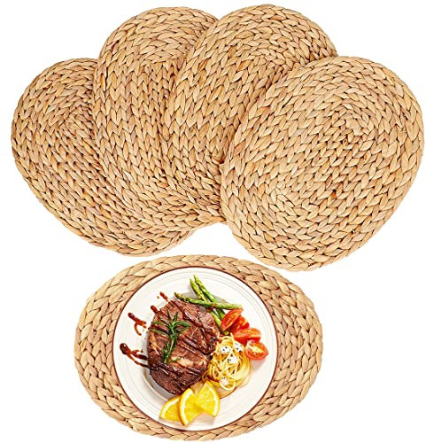 Kosmeey Manteles individuales ovalados tejidos, juego de 4 manteles individuales de jacinto de agua natural, manteles individuales de ratán trenzado de paja, juego de cargadores de platos de 12 x 16