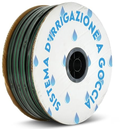 MAKA Manichetta Gocciolante Irrigazione 2 Litri/Ora Striscia Tape Tubo Acqua 16mm Piatto Forato per Irrigare a Goccia Orto Bobina Diverse Misure Resistente UV e Gelo (250 metri, Passo 20)
