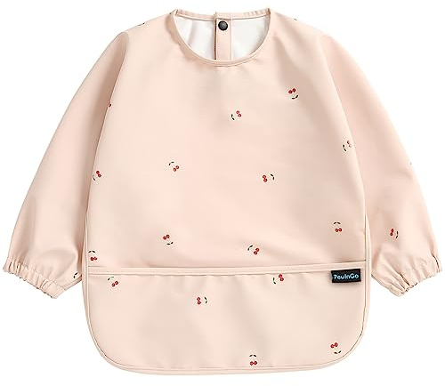 PewinGo Entwöhnungslätzchen mit langen Ärmeln & BLW, weiches und hautfreundliches Material, wasserdicht und leicht zu reinigen & maschinenwaschbar, für Babys Kleinkinder (Rosa)