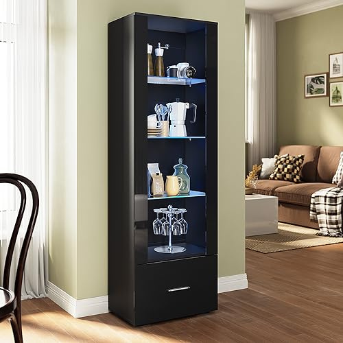 SUNXURY Glasvitrine mit Beleuchtung 55 x 35 x 172cm Hochglanz Schwarz Stehvitrine mit Schublade & offenen Glasablagen für Wohnzimmer