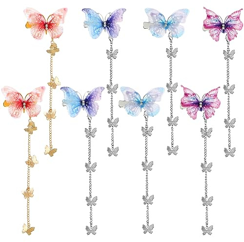 WLLHYF 8 Stück Schmetterlings-Quasten-Haarspangen bewegliche Stoff-Schmetterlings-Haarnadel mit abnehmbarer Quaste niedliche Strass-Haarnadeln antike seitliche Haarspangen für Frauen Mädchen(Stil 2)
