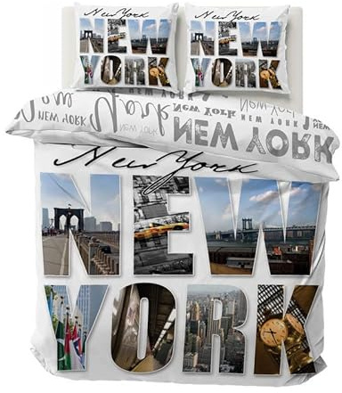 Boceoey Housse de Couette 200x200 New York Parure de Lit Réversible avec Fermeture Éclair, Housse Couette 2 Personnes Imprimée en Microfibre et 2 Taie d'oreiller 65x65 cm
