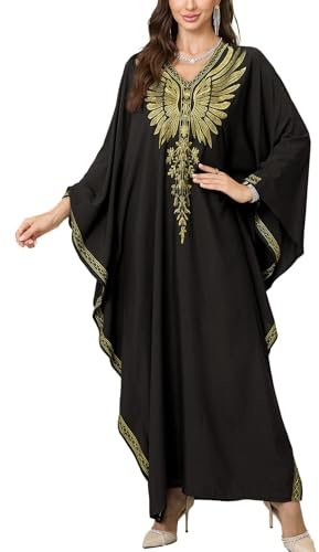 YouKD Kaftan med blommigt broderi, bohemisk strandklänning, bikini-coverup, lång strandkaftan för damer