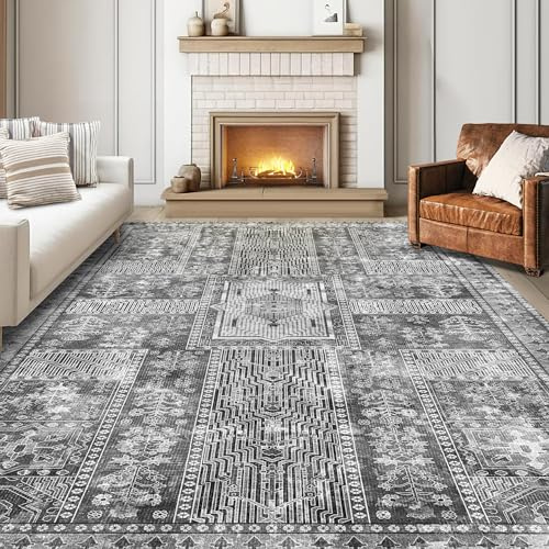 YARNSCAPE Vintage 5' x 7' Washable Area Rug - Stylish Indoor Rug for Living, Dining or Bedroom - Lightweight Carpet with Non-Slip Backing - Foldable for Easy Placement and Maintenance - Grey