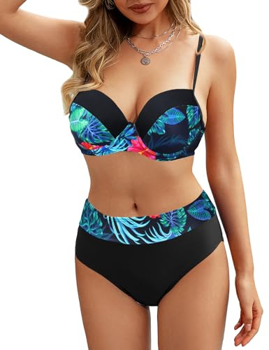 Rayson Tvådelade badkläder för kvinnor med hög midja blommönster push-up badkläder dam med bygel sexig brasiliansk bikini set, L