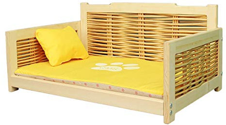Hundebett aus Rattangeflecht – für große/mittlere/kleine Haustiere, erhöhtes Lounge-Sofa mit Schwammmatte, 5 cm Bodenfreiheit, verbesserter Schlaf (Farbe: Gelb, Größe: M (55 x 37 x 28 cm)) vision