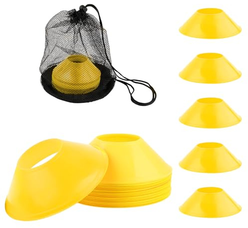 XIHIRCD 25pz Coni da Calcio Allenamento Sportivo, Mini Coni Sportivi con Borsa a Rete Flessibili Agilità Coni da Allenamento Calcio per Basket Corsa Esercizi Sportivi Bambini Pattinaggio (Giallo)