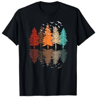 Gifts Sur Les Forêts De La Nature Réflexion Des Arbres Nature Extérieure Forêt Rétro T-Shirt Multicolore Unisex-Adulte T-Shirt Petit EU S Col Rond Manche Côtelée Forêt Rétro (Retro Forest) 5