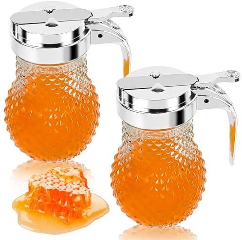 YEXEXINM 2 Pcs Honey Dispenser, Glass Syrup Dispenser, Honey jars Drip Free, Honey Container Commercial Quality Honey pot with Handle for Home Kitchen Honey & Syrup Storage