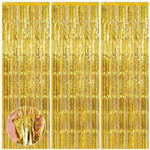 SYEYCW 3 Stück 1m x 2.5m Lametta Vorhänge Gold, Metallische Folie Fransen Vorhang, Glitzer Party Vorhang, Vorhang Hintergrund Dekoration, für Party Deko, Geburtstag, Hochzeit, Halloween (Gold)