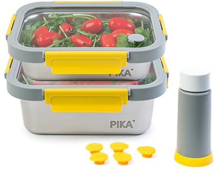 Pika | Lot de 2 boites alimentaires sous vide en inox + pompe de mise sous vide | 820ml + 1200ml | Micro-ondes, four, congélateur | Légère & hermétique
