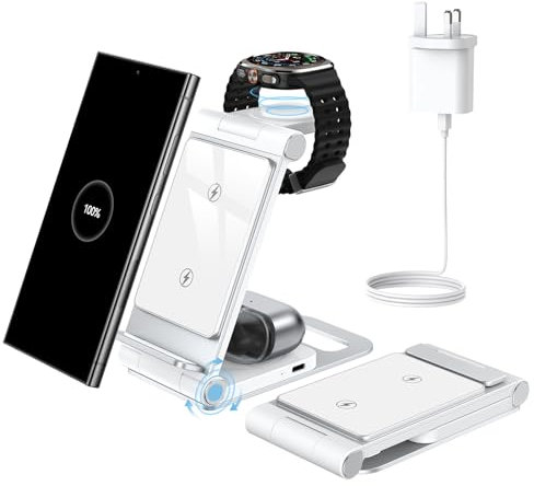 Bolvunes Wireless Charger for Samsung 3 in 1 Foldable Charging Station for Samsung Galaxy S25/S24/S23/S22/S21/Note/Z Flip/Z Fold/7/6/5/4/3/2, Galaxy Watch 8/7/6/5/4, and Galaxy Buds Travel Portable