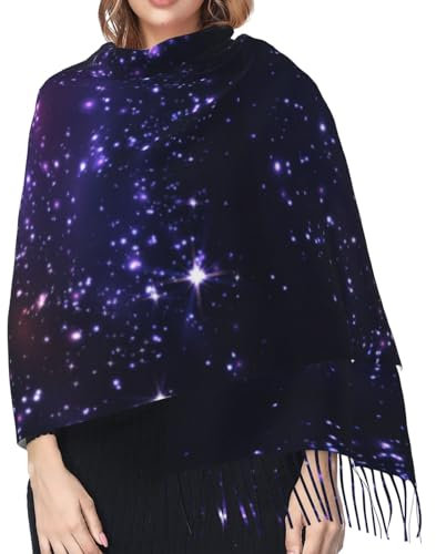Hceaatb Damen-Schal, bunt, Galaxie, glitzernd, Sterne, modisch, Winter, warm, Kaschmirschal, Fransenschal, Schwarz , Einheitsgröße