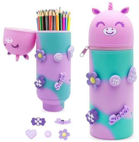 EOPUOZS Kawaii Federmäppchen, 2 in 1 Schlampermäppchen mit Reißverschluss, Ständer up Stifteköcher Einziehbare, Cartoon Tischstifthalter aus Weichem Silikon, für Mädchen (Lila Einhorn)
