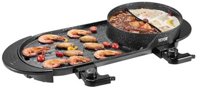 VEVOR Pentola Elettrica per Hot Pot BBQ con Griglia, 2200W Senza Fumo, Griglia Coreana con Separato Doppio Controllo della Temperatura, Padella Antiaderente, per Cena in Famiglia Festa
