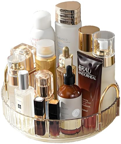 Makeup Organizer for Vanity 360 Rotating, Large Capacity Cosmetic Organisers for Lipsticks, Jewelry, Nail Care, Skincare, Perfume, Ideal Desk Organizer for Dresser, Bathroom and Kitchen(Gold, 1 Tier)