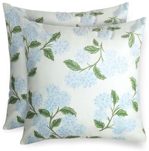 Hopomoon Fundas Cojín Hortensia 45x45 cm Lote de 2 Flores Azules y Blancas Estilo Vintage Francés Fundas Decorativas Cottagecore Románticas para Sofá, Salón y Dormitorio