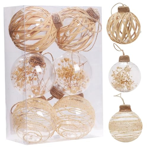 Xoeryoy Weihnachtsschmuck 6PCS Rustikale Boho Weihnachtskugel -Ornamente bruchproof klare Plastikkugeln mit Streifen für Weihnachtstaum -Wohnkultur, Style 2