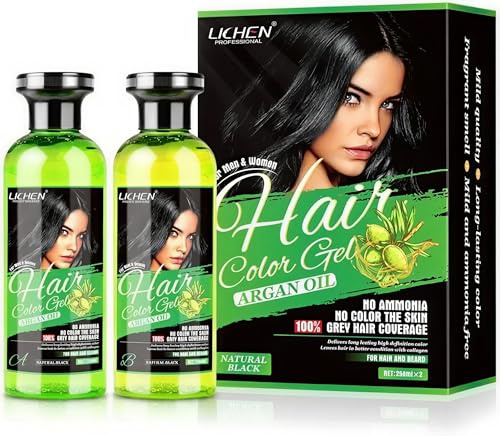 LICHEN PROFESSIONAL HAIR COLOR GEL 258ml x2 Permanent Hair Dye, Natural-looking, hair colour result, For All Hair Types (Black)