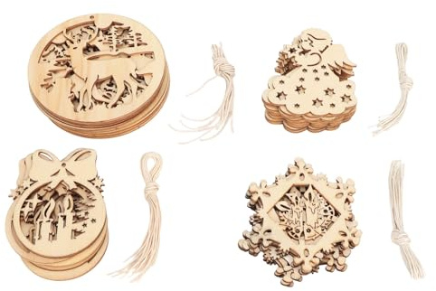 Recortes de madera de boj, recortes, recortes de madera sin henar para manualidades, 40 letreros con cuerda, adorno temático navideño para el hogar