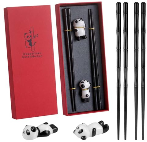 2 Pairs Panda Chopsticks Reusable,Dishwasher Safe Fiberglass Chopsticks with Ceramic Panda Rest Set,Chop Sticks for Sushi Noodles Rice,Chopstick Gift Set for Food Lovers
