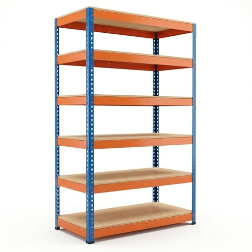 Horison Industries 6 Tier Garage Shelving Units 1980x1220x760mm, Blue/Orange Heavy Duty Metal Shelving Unit for Storage, 6 Tier Chipboard Garage Storage Shelves for Shed and Van, Racking Metal Shelf