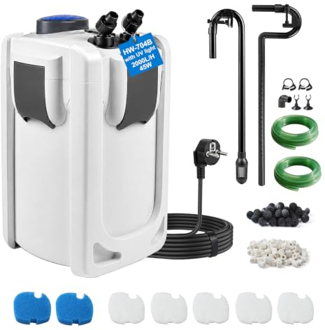 EXLECO Außenfilter Aquarium 2000L/H 45W mit UVC Klärer 9 W | Filter für Aquarien, Aussenfilter Aquariumfilter, 3 Stufen Kanisterfilter, Kammerfilter mit Filtermaterial, Schlauch, HW-704B