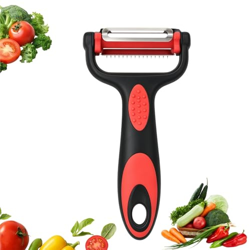 3-in-1 Multi-Function Potato Peeler & Vegetable Slicer, Dual-Handed Design with Serrated Blade & Julienne Peeler for Kitchen, Multi-Purpose Fruit Peeler and Slicer for Vegetables & Fruits(Red Black)