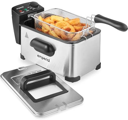 Emperial 3L Deep Fat Fryer Stainless Steel with Viewing Window and Safety Cut Out, Non-Slip, Easy Clean and Adjustable Temperature Control, 2kW, 2000 W, 3 liters, Silver