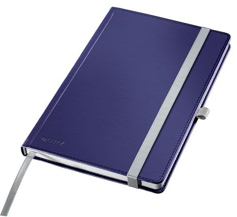Leitz Cahier Style A5 à carreaux, couverture rigide, 160 pages, 80 feuilles, papier 100 g/m² accrédité FSC, sangle élastique et marque-page, pour bureau et bureau à domicile, bleu, 44861069
