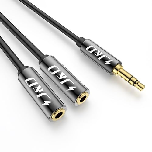 J&D 3,5 mm to 2X 3,5 mm Câble, Plaqué Or Coquille de Cuivre Heavy Duty 3,5mm 1/8 TRS Mâle vers 2 x 3,5mm 1/8 TRS Femelle Adaptateur Audio stéréo Y Splitter Câble, 0.2 Meter