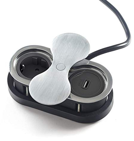 SOTECH Prise encastrable (1 x port USB / 1 x prise Schuko) aspect acier | inox avec prise avec couvercle rotatif push to open double prise pour plans de travail