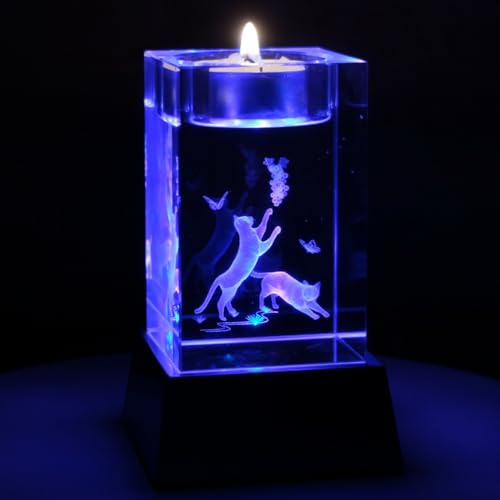 Kaltner Präsente Stimmungslicht - Das perfekte Katzen Geschenk: LED Kerze/Kristall Glasblock / 3D-Laser-Gravur Teelichthalter Katzen Kerzenhalter Katze, Katzen Figur, Katzen Deko