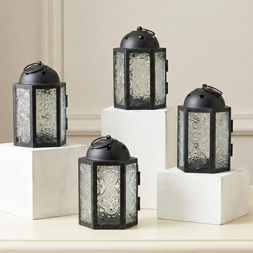 Dekorative Kerzenlaterne für Hochzeiten, Terrasse und Heimdekoration, kleine marokkanische Mini-Laterne, klares Glas, 4er-Set
