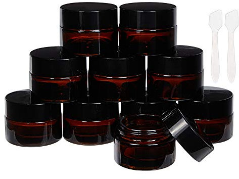 BENECREAT 15 Pack 15ml/15g Dark Amber Cosmetic Glass Jars with White Inner Liners and Black Plastic Lids Amber Round Glass Jars with 2PCS Spoons for Beauty Lotions Creams Makeup