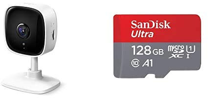 TP-Link - IP Cámara Vigilancia WiFi Interior, Almacenamiento SD Tapo C100 + SanDisk Ultra Tarjeta de Memoria microSDXC con Adaptador SD, hasta 100 MB/s, Rendimiento de apps A1, Clase 10, U1, 128 GB