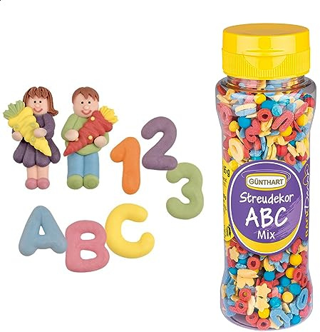 Günthart 8 x Zuckerfiguren für den Schulanfang und Streudeko Buchstaben Alphabet SET Schulstart, 1er Pack (115 g) | Alphabet SET Schulstart zum Verzieren und Dekorieren, Streusel, Zuckerdekor, Backdeko, Cupcakes, Kuchen und Torten