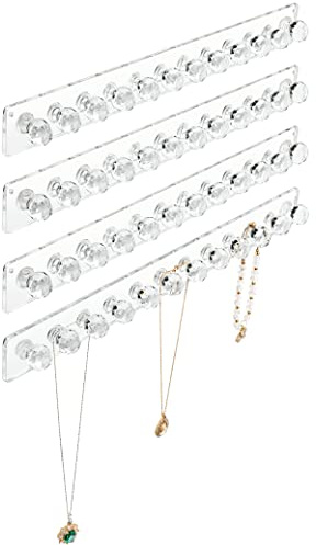 Heesch Necklace Hanger, Acrylic Necklace Organizer Wall Mount Necklace Holder, Jewelry Hooks for Necklaces, Bracelets, Chains (4-pack Clear)