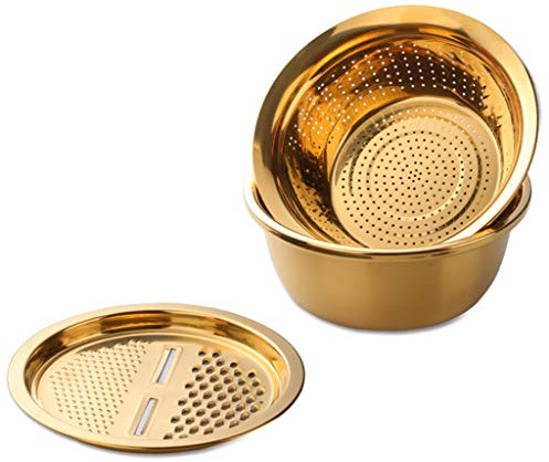 11-Zoll-Edelstahl-Abflusskorb Gemüseschneider 3-in-1-Küchen-Mehrzweck-Julienne-Reibe - Salatschüssel (Color : Gold, Size : 28.5×10.5cm)