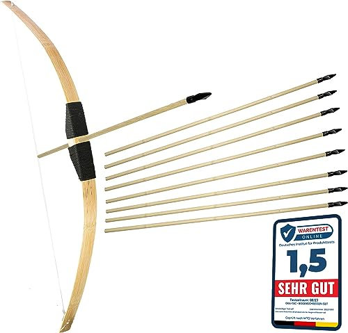 Ora-Tec Bambus Bogenschießen Set: 1x 1m langer Bambusbogen und 13x 53cm lange Gummispitz-Pfeile für Kinder ab 6 Jahre - Rechts- und Linkshänder geeignet