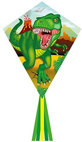 HQ Ecoline Eddy 70cm Kinderdrachen Flugdrachen Einleiner zum steigen Lassen, wenig Wind ab 5 Jahre, 58x70cm+2.5m Drachenschwanz inkl. 17kp Polyesterschnur 25m auf Griff 2-5 Bft (T-Rex)