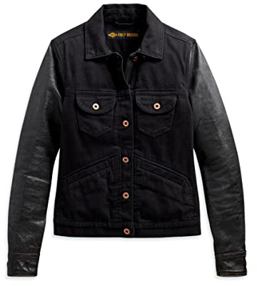 Harley-Davidson Women's Logo Leather Sleeve Denim Jacket - 98411-20VW (as1, alpha, l, regular, regular, Large)