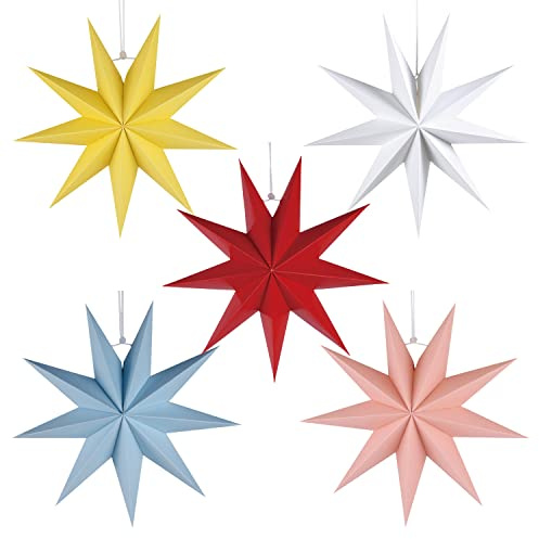 5Pack 9-Pointed Paper Star Lantern 11.8 inch Hanging Paper Lampshade for Winter Wonderland Xmas Day Decoration Wedding Birthday Party Home Decor (Multi-Colored)