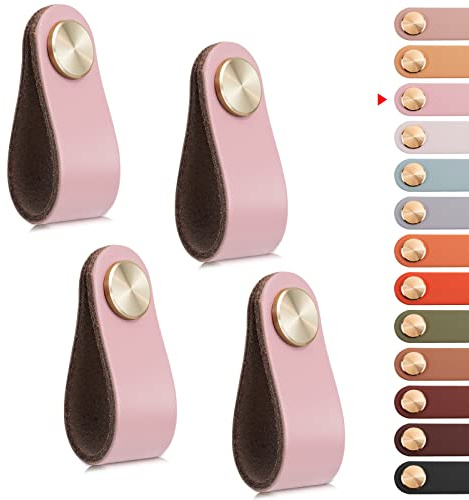 LEREATI 4 Stück Ledergriffe für Möbel, Schrankgriffe Rosa Möbelgriffe Schubladengriff, Modernen Möbelknöpfe Schrank Kunstledergriff für Küchenschränke, Schränke, Tür, Wohnkultur (Einzelloch)