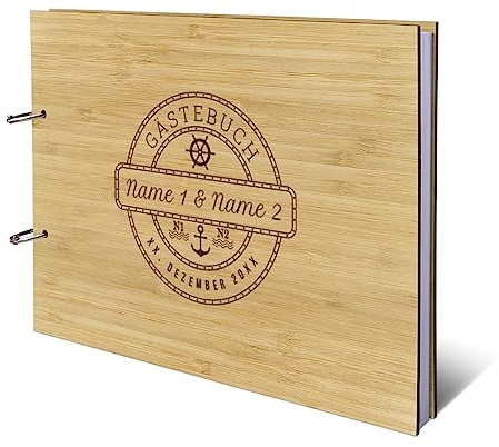 Personalisiertes Hochzeit Gästebuch echtes Holz DIN A4 Hochzeitsbuch mit Lasergravur - Maritim - mit 72 Blatt / 144 Seiten Naturpapier Weiß