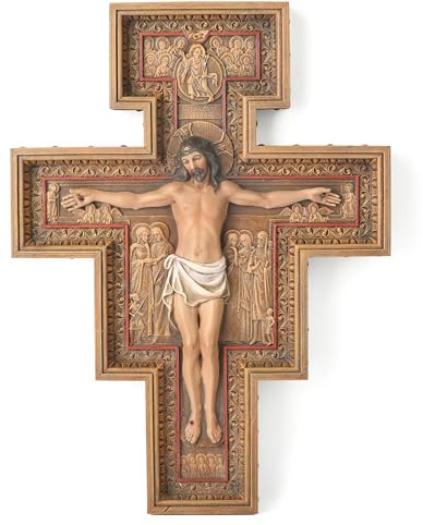 BC Katholisches San Damiano-Kruzifix-Wandkreuz, Jesus Christus, Heimdekoration, religiöses Geschenk, Holzschnitzerei, 30,5 cm hoch, handgefertigte Renaissance-Skulptur von Buildclassic | Buildclassic Katholische Einweihungsparty, religiöse Heimdekoration, Holzschnitzerei, handgefertigte Renaissance-Skulptur