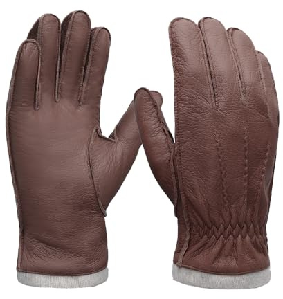 MGGMOKAY Herren Hirschleder Handschuhe Touchscreen Mit Kaschmirfutter,Sattel,L