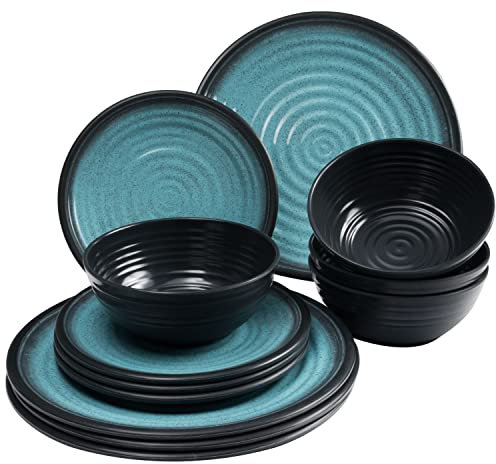 Service de table en mélamine pour 4 personnes – 12 pièces aspect faïence élégant en bleu – Vaisselle de camping, pique-nique, camping extérieur